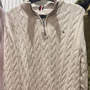 Tommy Hilfiger Cream Cable-Knit Half-Zip Sweater